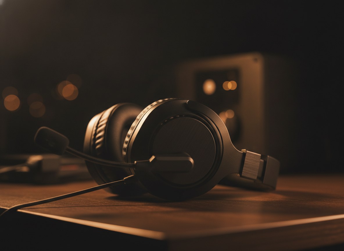 Headset im warmen Amber-Licht — Sinnbild für die Outbound-Telefonarbeit der KI-Agentin Lisa